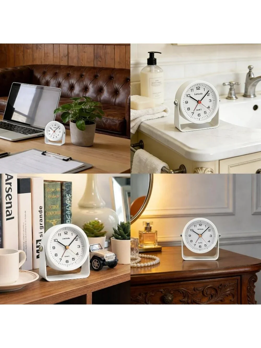 Home White Analog Quartz Battery Vintage Operated Silent Small Desk Alarm Clock